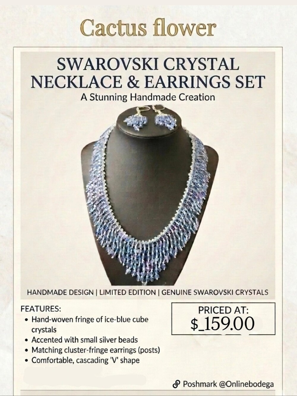 Swarovski Crystal Waterfall Necklace & Earrings Set by Cactus Flower. Hand Made